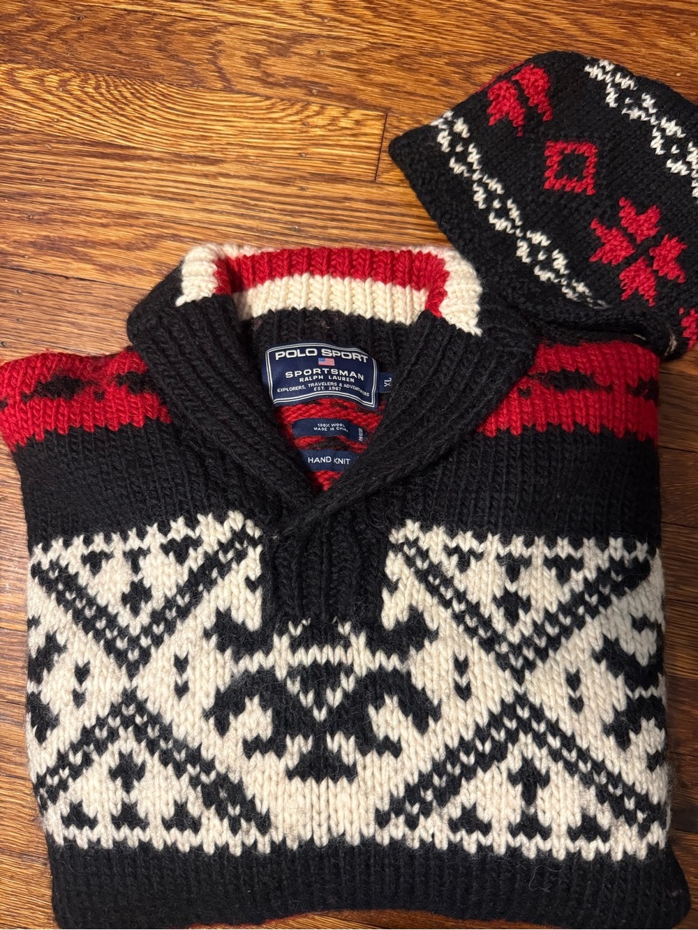 VNTG RL Polo Sport Sportsman Shawl Collar Pullover Wool Sweater & Hat set XL